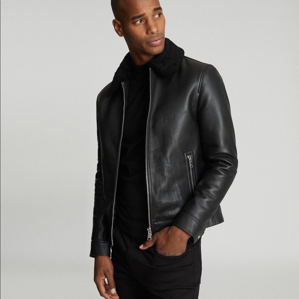 Reiss Black Leather Sherpa Jacket Size Large